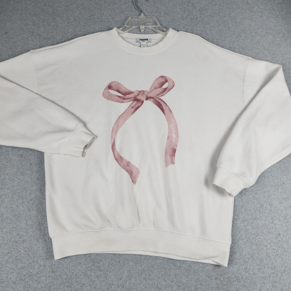 RSQ Sweatshirt Women M White Pink Bow Graphic Oversized Crewneck Fleece Pullover